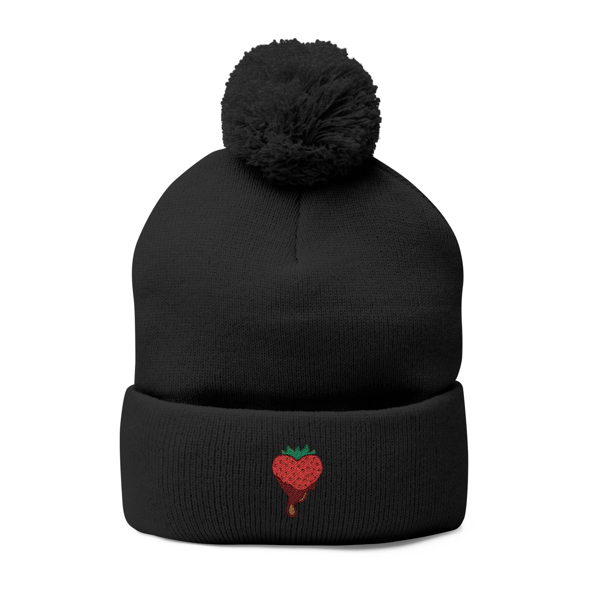Embroidered Chocolate Covered Strawberry Pom-Pom Beanie