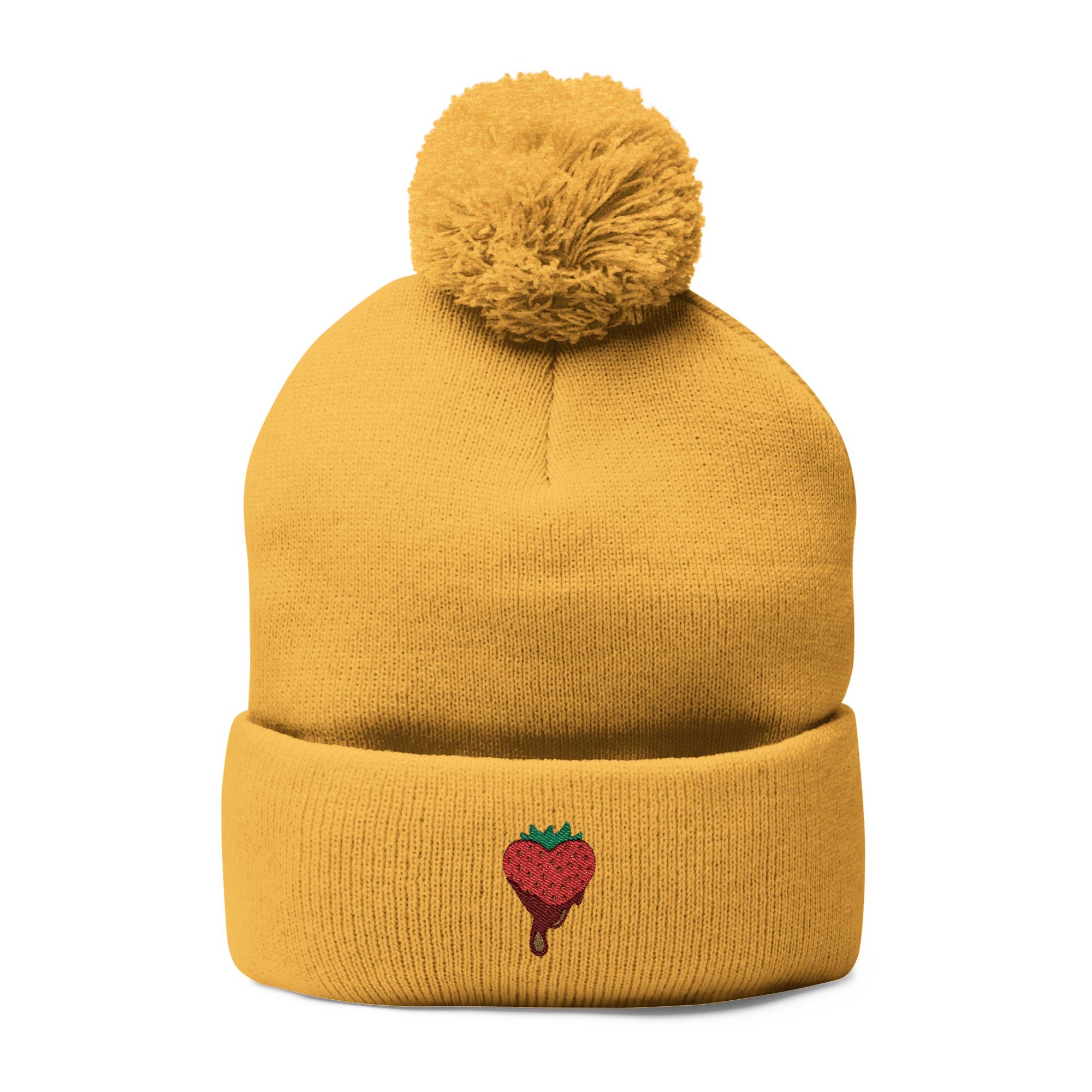 Embroidered Chocolate Covered Strawberry Pom-Pom Beanie