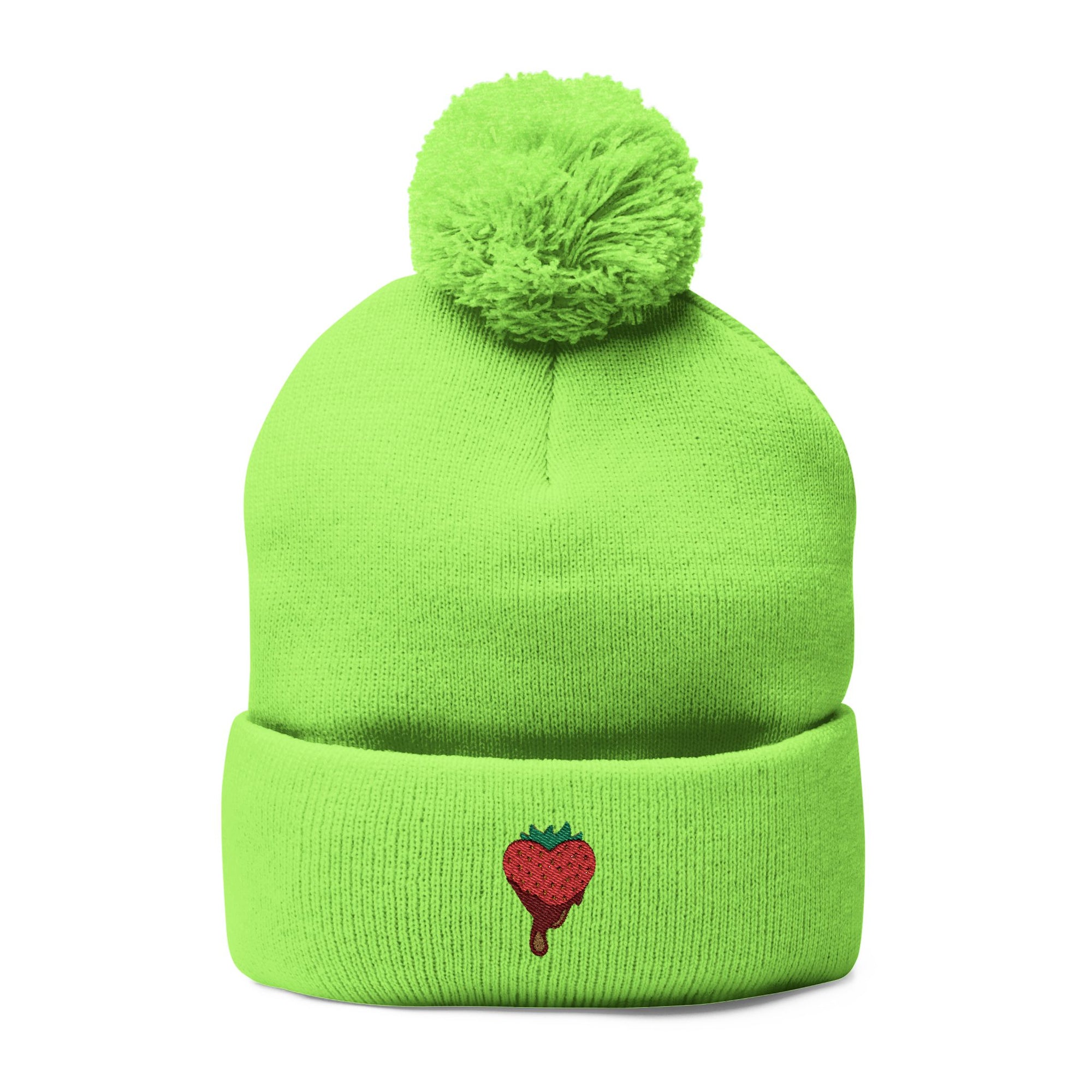 Embroidered Chocolate Covered Strawberry Pom-Pom Beanie