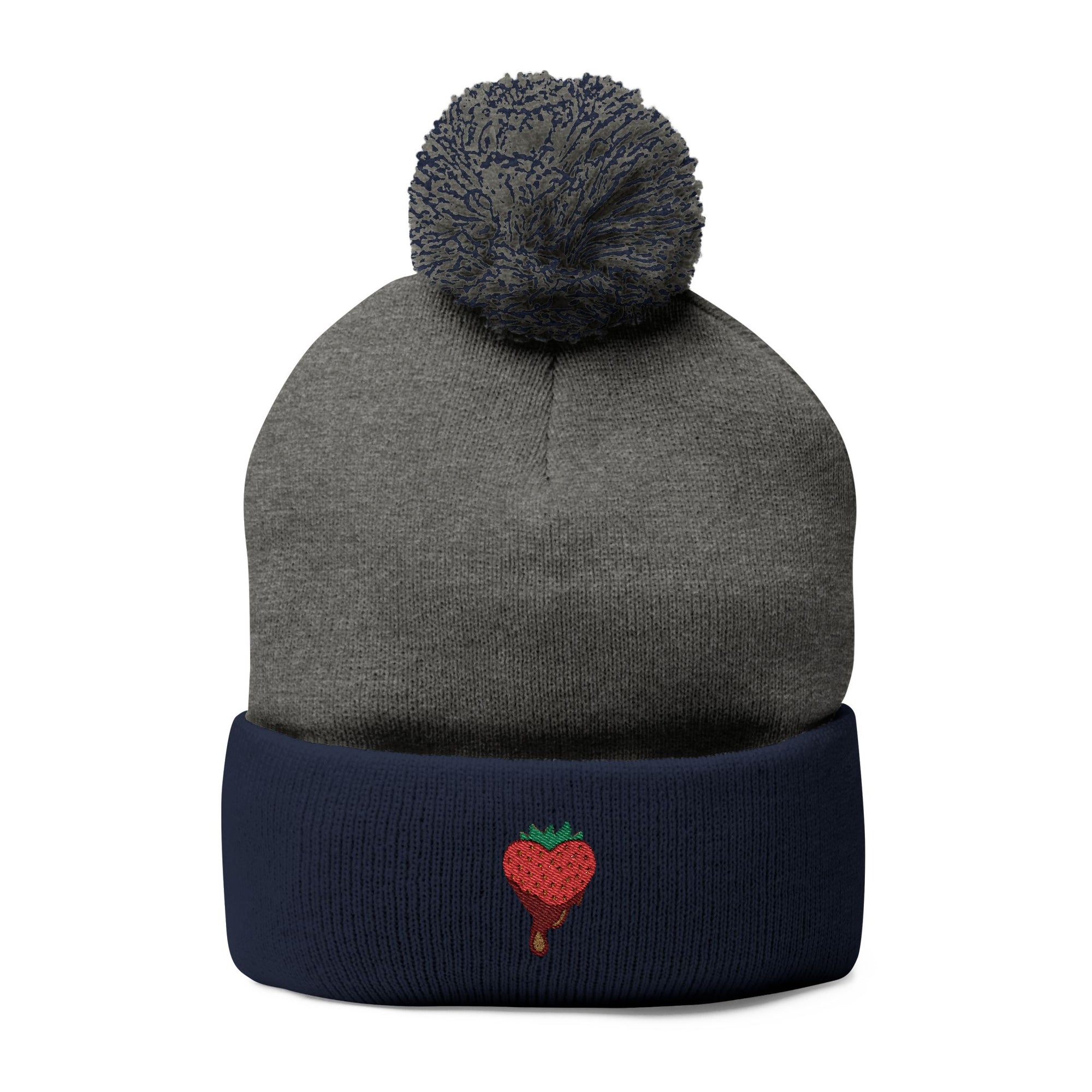 Embroidered Chocolate Covered Strawberry Pom-Pom Beanie
