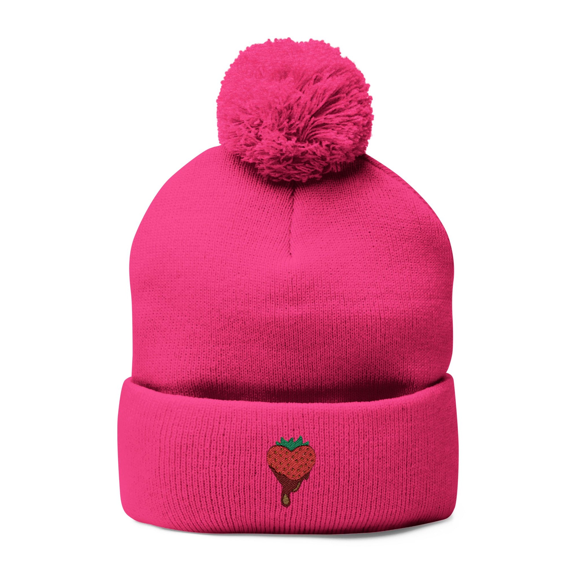 Embroidered Chocolate Covered Strawberry Pom-Pom Beanie