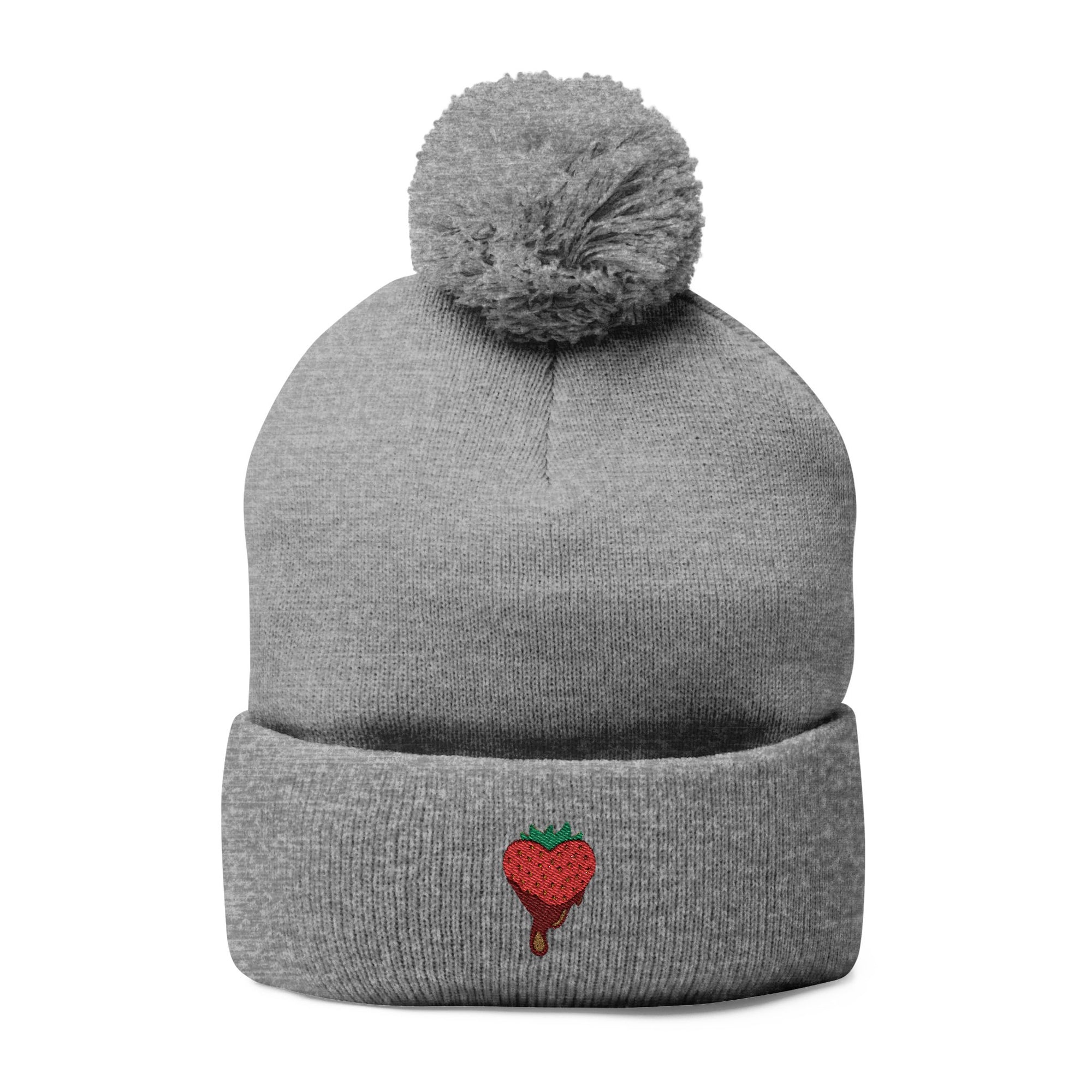 Embroidered Chocolate Covered Strawberry Pom-Pom Beanie