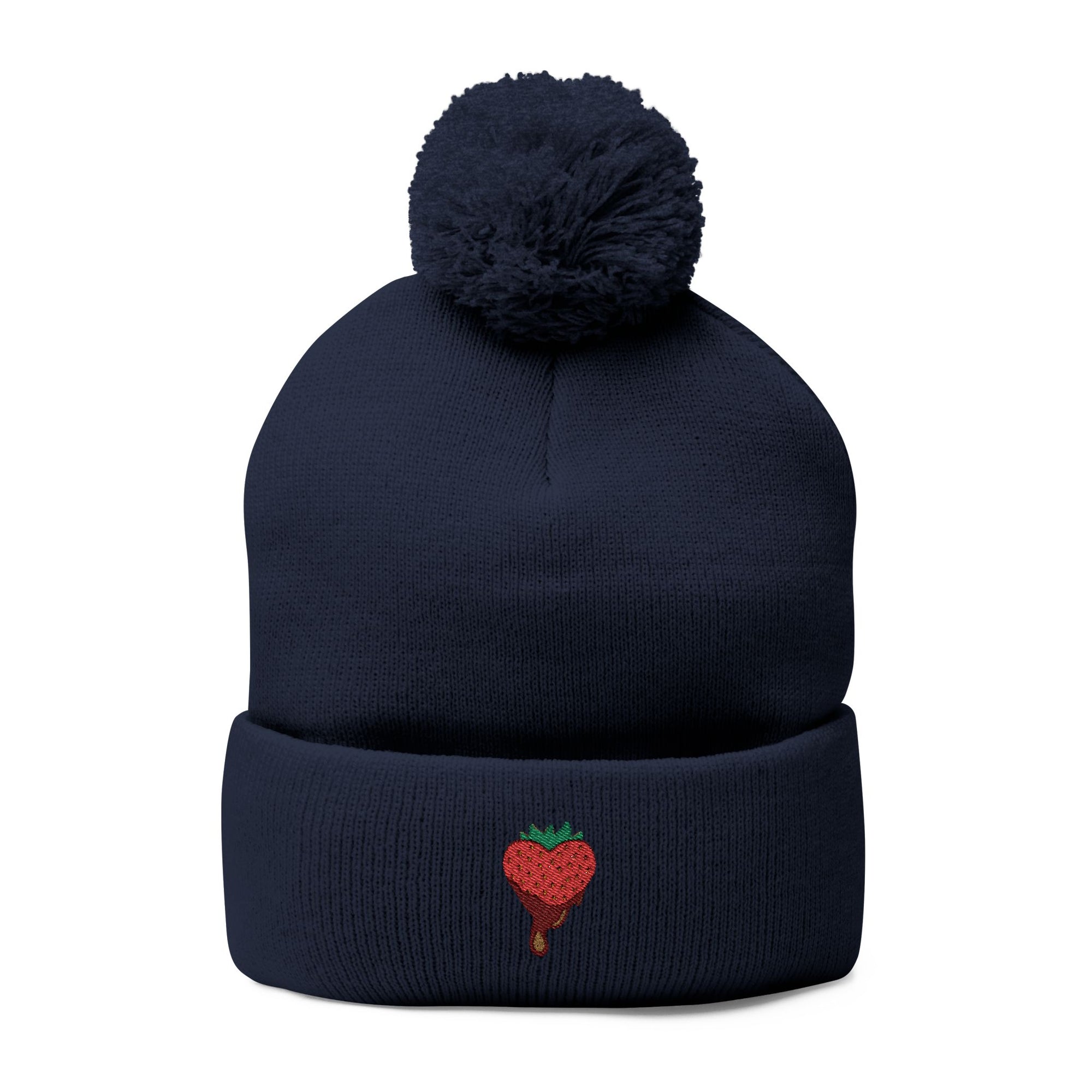 Embroidered Chocolate Covered Strawberry Pom-Pom Beanie