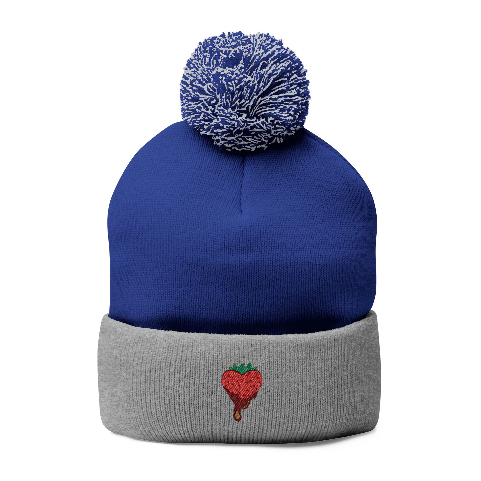 Embroidered Chocolate Covered Strawberry Pom-Pom Beanie