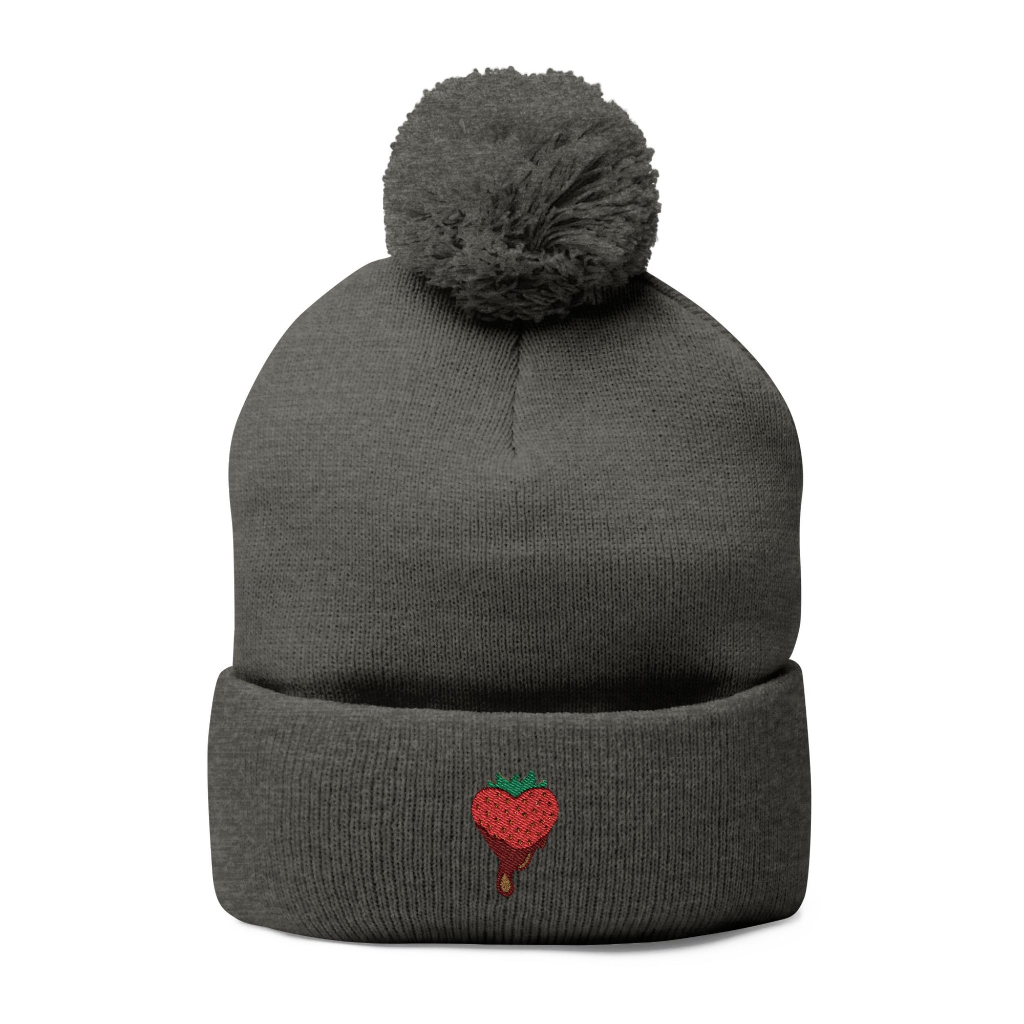 Embroidered Chocolate Covered Strawberry Pom-Pom Beanie