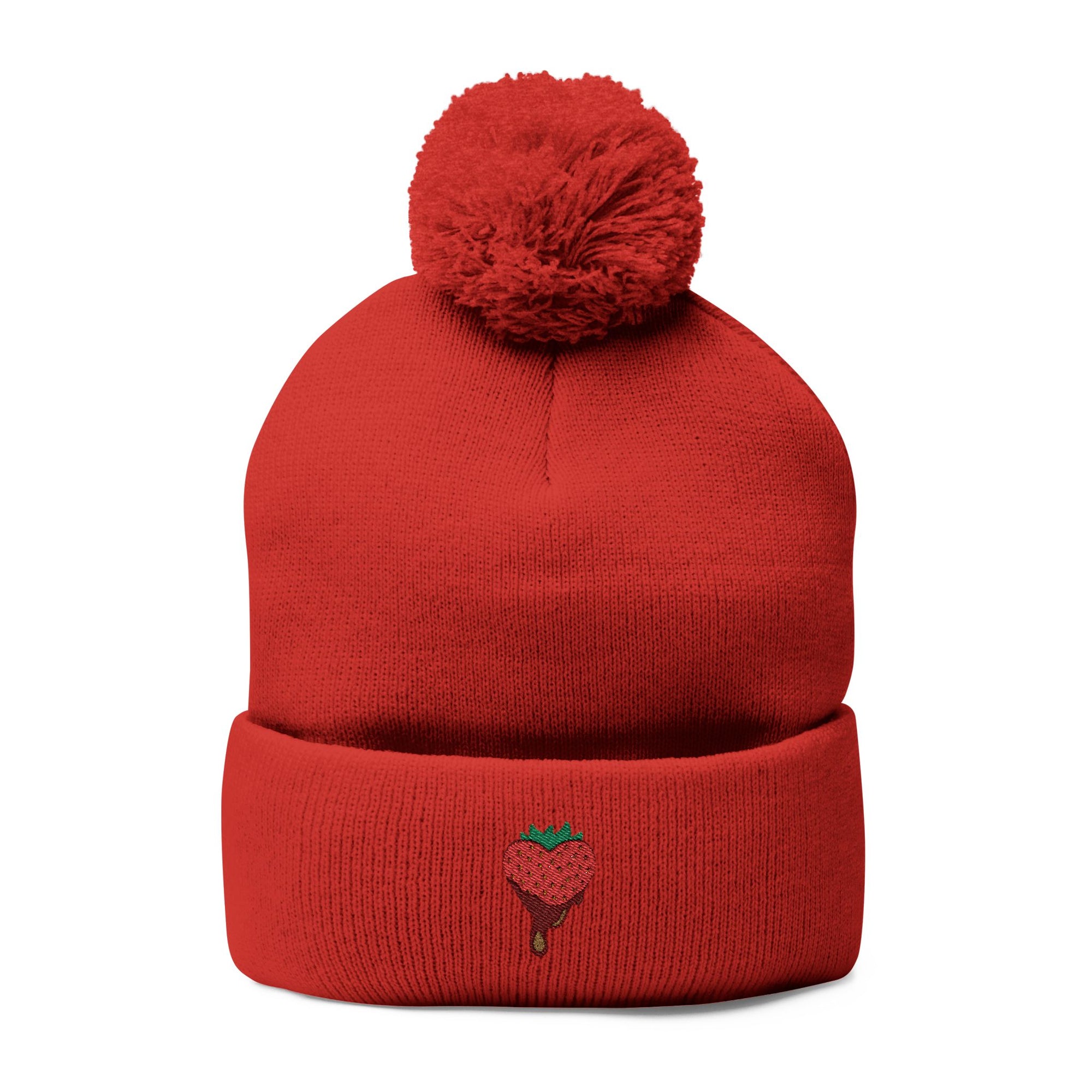 Embroidered Chocolate Covered Strawberry Pom-Pom Beanie