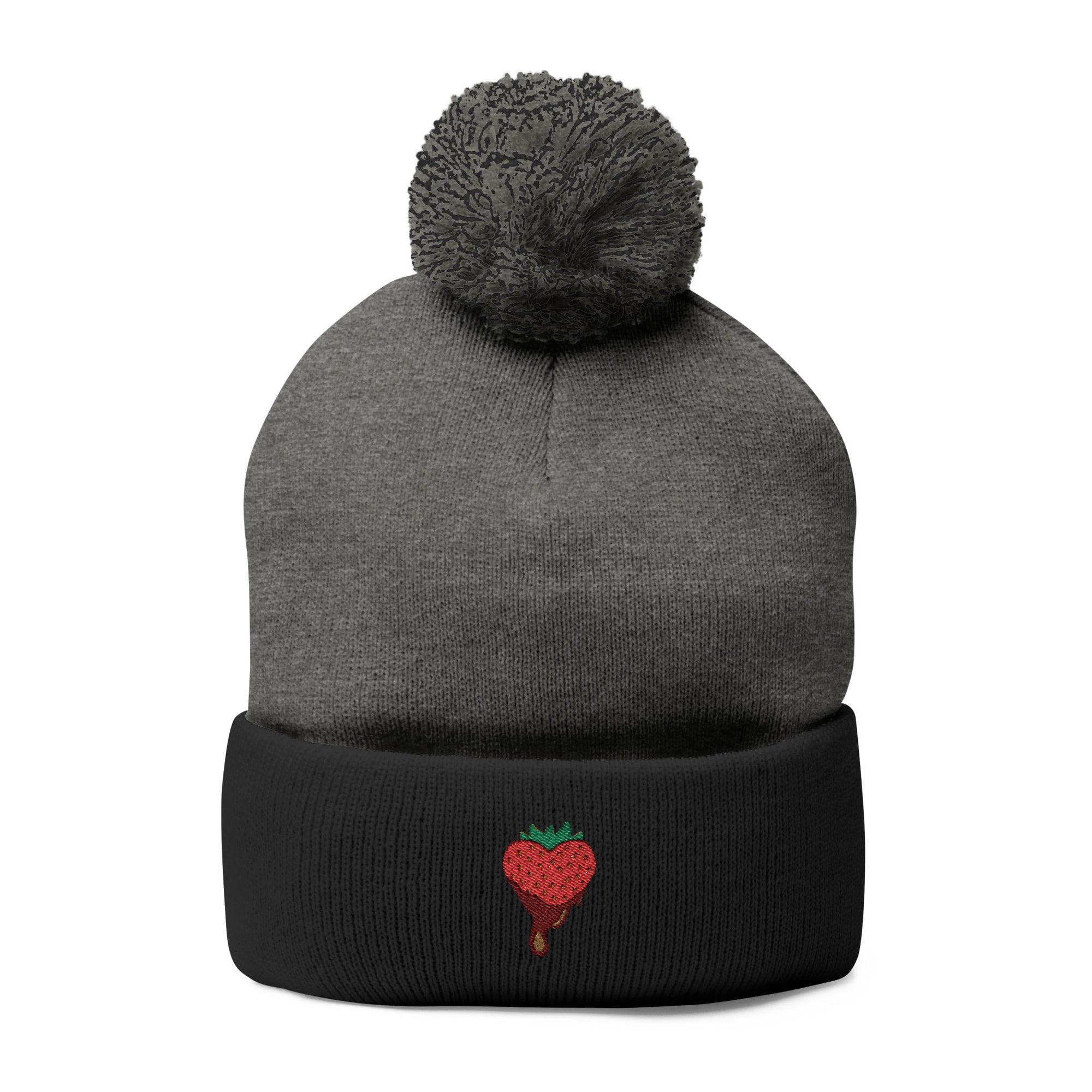Embroidered Chocolate Covered Strawberry Pom-Pom Beanie