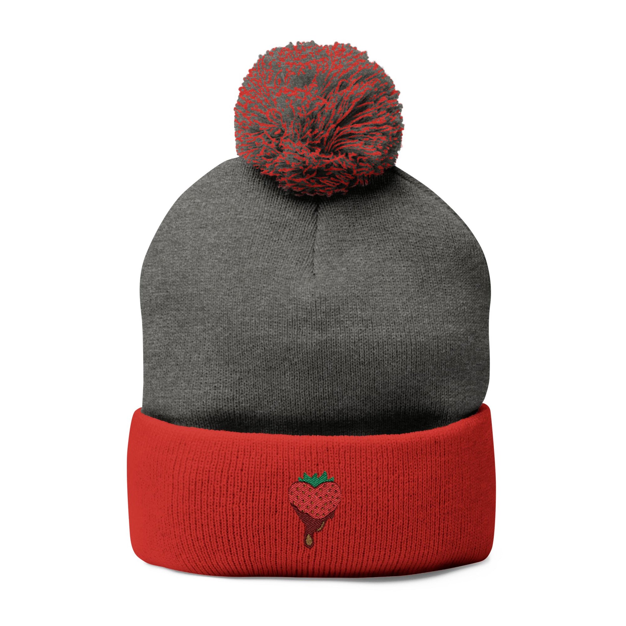 Embroidered Chocolate Covered Strawberry Pom-Pom Beanie